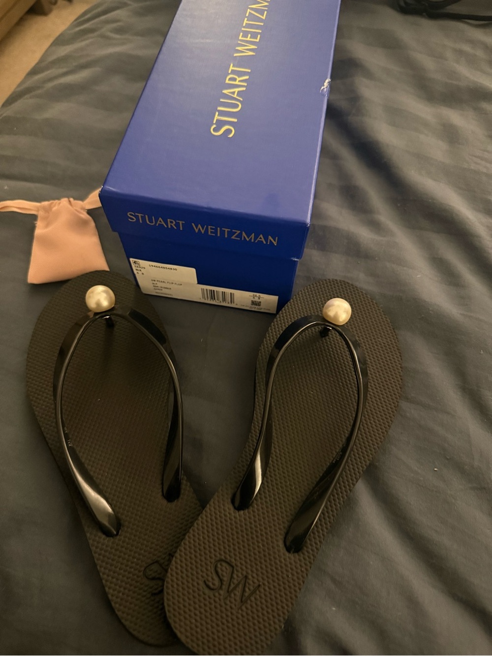 Stuart Weitzman Black Pearl-Accent Flip Flops